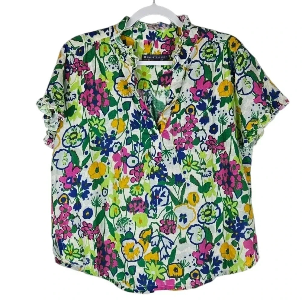 Elliott Lauren colorful floral linen blend pullover office career top M
